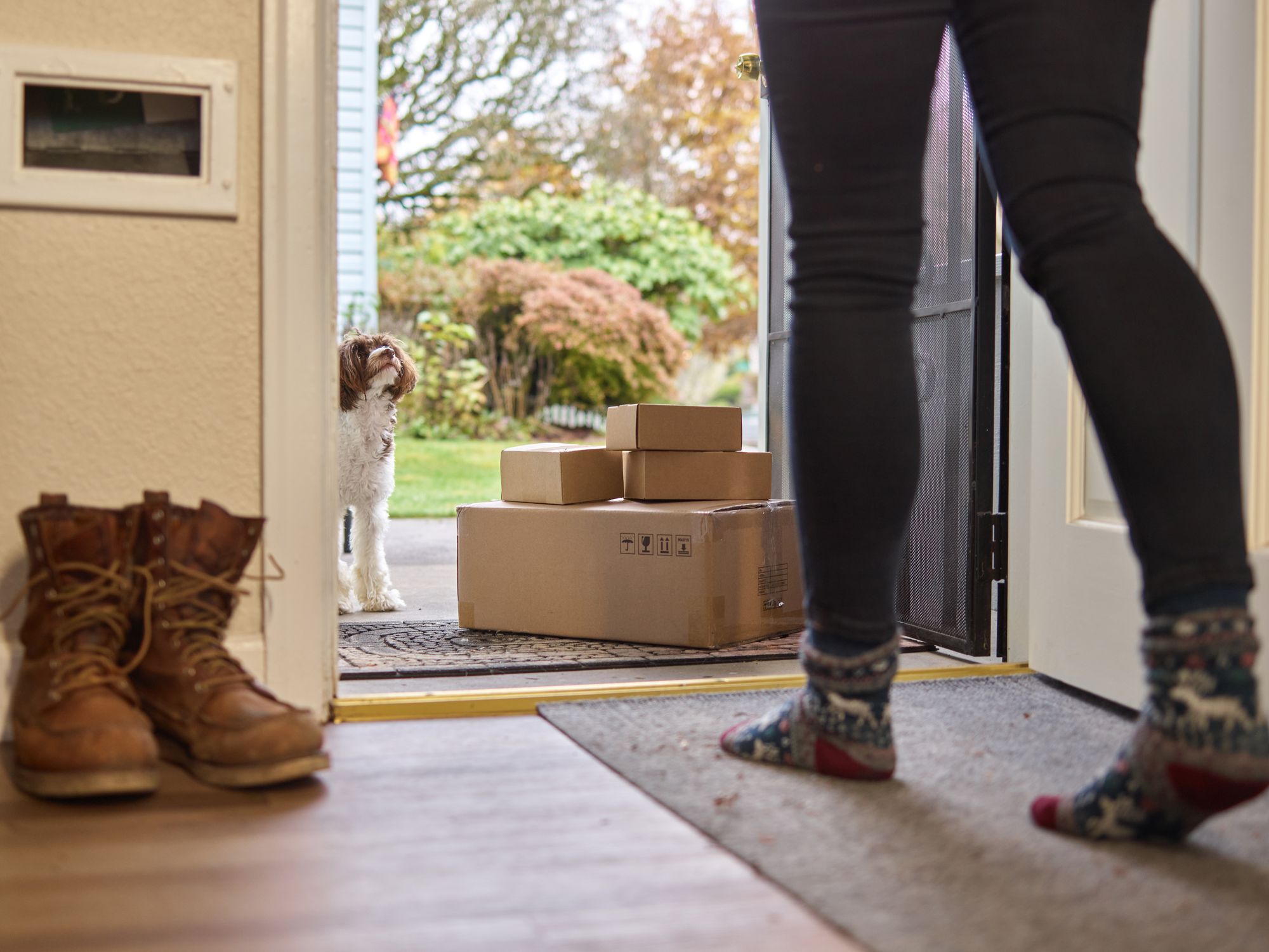 A resident opens a front door beside a dog and delivery parcels.